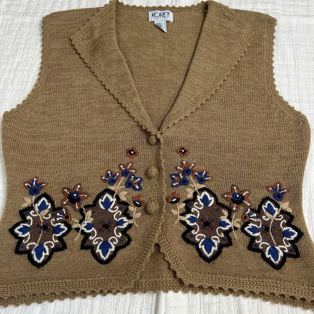 Vtg KORET Embroidered Sweater Vest Womens  Lambswool Blend Grandma Size PM Brown